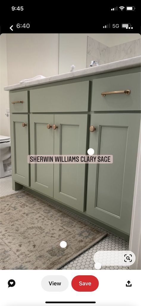 Sage Green Cottage Bathroom, Clary Sage Kitchen Cabinets, Green Bathroom Cabinets, Clary Sage Sherwin Williams, Sherwin Williams Clary Sage, Barndominium Shop, Neutral Bathroom Tile, Laundry Room Paint Color, Sage Kitchen