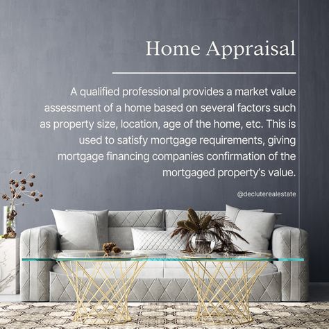 Real Estate 101 - Word of the Week⁠ ⁠ Home Appraisal A qualified professional provides a market value assessment of a home based on several factors such as property size, location, age of the home, etc. This is used to satisfy mortgage requirements, giving mortgage financing companies confirmation of the mortgaged property’s value. ⁠ 📞416.686.9618⁠ ⌨️info@declute.com⁠ ⁠ #learning #wordoftheweek #torontorealestate #declute Real Estate Marketing Quotes, Home Appraisal, Word Of The Week, Market Value, Real Estate Tips, Marketing Quotes, Real Estate Marketing, Assessment, Real Estate