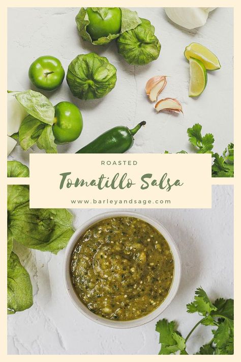 This quick and easy roasted tomatillo salsa is light, fresh, and delicious! Salsa For Barbacoa Tacos, Verde Chicken Chili, Tacos Barbacoa, Roasted Tomatillo Salsa Verde, Enchiladas Verdes Recipe, Chicken Enchiladas Verde, Chile Salsa, Roasted Tomatillo Salsa, Fresh Mango Salsa