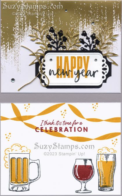 Stampin' Up! Birthday or New Year Cards - 2023-12 Stampin' Class - Brushed Gold Cards & Envelopes, More Wishes Stamp Set, Biggest Wish Stamp Set, Brewed For You Stamp Set, Beautiful Balloons Stamp Set, Timeless Arrangements Dies, Labels Aglow Dies, Very Best Trio Punch, Distressed Gold 12″x12″ Specialty Paper, Simply Elegant Trim, Rhinestone Basic Jewels. Stampin Up Throughout The Year, New Years Cards Stampin Up Stamp Sets, More Wishes Stampin Up Cards, Stampin Up More Wishes, Stampin Up New Years Cards, 2024 Stampin Up Cards, Labels Aglow Dies, Timeless Arrangements, New Year Wishes Cards