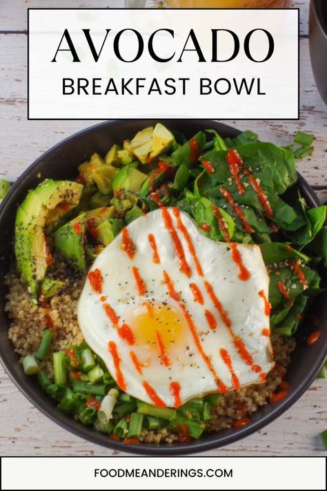 This savory Avocado Breakfast Bowl with quinoa is loaded protein and fiber, in the form of avocado, spinach, green onion, quinoa, and topped with a fried egg, Everything Bagel seasoning, and sriracha sauce. Breakfast Ideas With Avocados, Avacodo Breakfast, Avocado Breakfast Ideas, Avocado Breakfast Bowl, Avocado With Egg, Egg And Avocado Breakfast, Avocado Breakfast Recipes, Breakfast Potluck, Avocado Recipes Breakfast