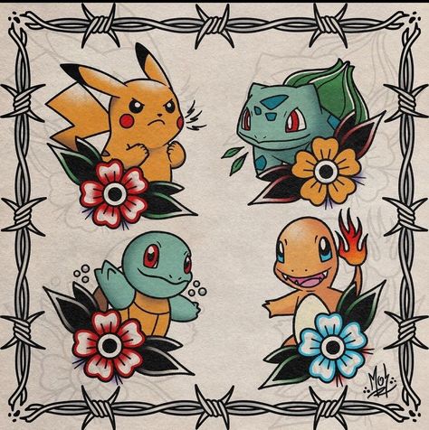 Pokemon Trad Tattoo, Traditional Nintendo Tattoo, Traditional Anime Tattoo Flash, Traditional Style Pokemon Tattoo, Japanese Pokemon Tattoo, Pokemon American Traditional Tattoo, Neo Traditional Pokemon Tattoo, American Traditional Pokemon, American Traditional Tattoos Anime