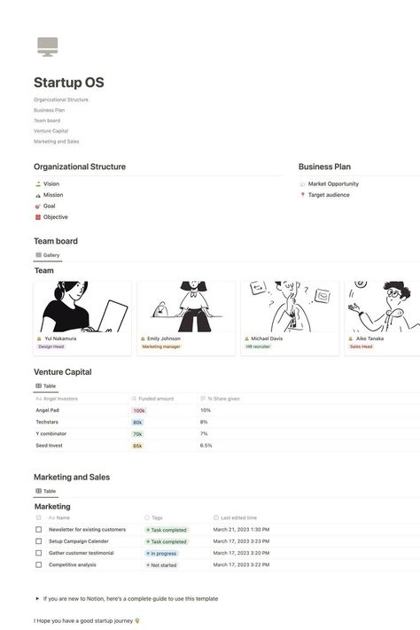 Manage your startups & businesses with ease. This notion template contains Startup OS provides every component essential for a business or startup: An Organizational Structure, A Business Plan, The Best team, Venture Capital, Marketing and Sales section. Fly high with this free notion template for startup. Download now. Study Planner Free, Small Business Plan Template, Small Business Marketing Plan, Sales Template, Free Wedding Planner, Planner Writing, Wedding Planner Printables, Small Business Planner, Hourly Planner