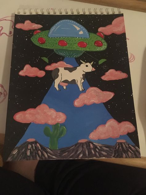 Mushroom Cow Painting, Trippy Clouds Painting, Ufo Painting Easy, Ufo Aesthetic, Cow Canvas Painting, Ufo Painting, Ufo Drawing, Ufo Illustration, Painting Trippy