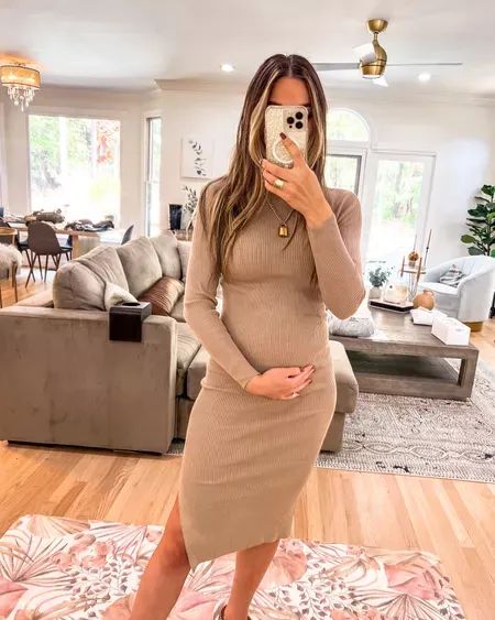 Ribbed Dress Maternity, Maternity Fall Dress, Maternity Bodycon Dress Outfits Fall, Maternity Sweater Dress With Boots, Body Con Maternity Dress, Ribbed Maternity Dress, Maternity Sweater Dress Photoshoot, Fall Pregnancy Dress, Pregnancy Sweater Dress