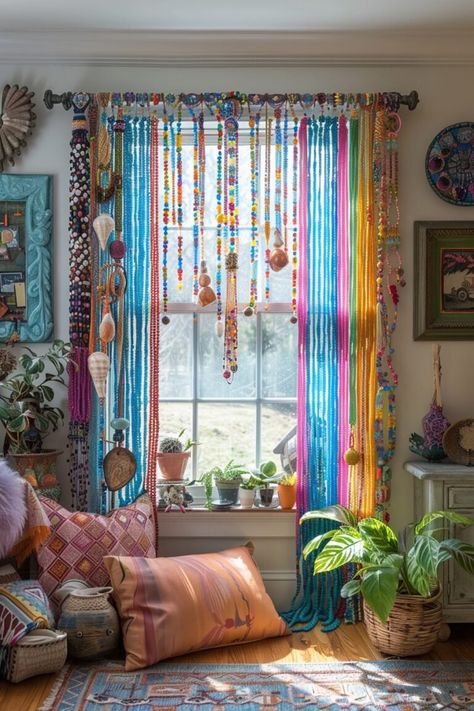 29 Boho Window Treatments to Inspire Your Decor No Sew Boho Curtains, Unusual Window Treatments Ideas, Ribbon Curtains Diy, Treatments For Small Windows, Upcycle Curtains, Window Treatments For Small Windows, Unique Blinds, Bohemian Window Treatments, Boho Window Decor