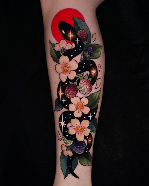 Scorpio Tattoo Color, Snake Tattoo Flowers, Watercolor Snake Tattoo, Snake And Apple Tattoo, Neo Traditional Snake Tattoo, Witchy Sleeve Tattoo, Neo Traditional Snake, Snake And Flowers Tattoo, Blackberry Tattoo