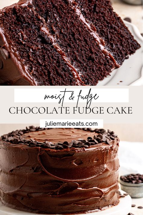 This chocolate fudge cake has incredible soft and moist chocolate cake layers covered with a rich and luscious chocolate fudge frosting. Best Chocolate Fudge, Chocolate Fudge Cake Recipe, Chocolates Cakes, Fudge Icing, Fudge Cake Recipe, Super Moist Chocolate Cake, Recipes Brownies, Chocolate Cake Recipe Moist, Chocolate Fudge Frosting