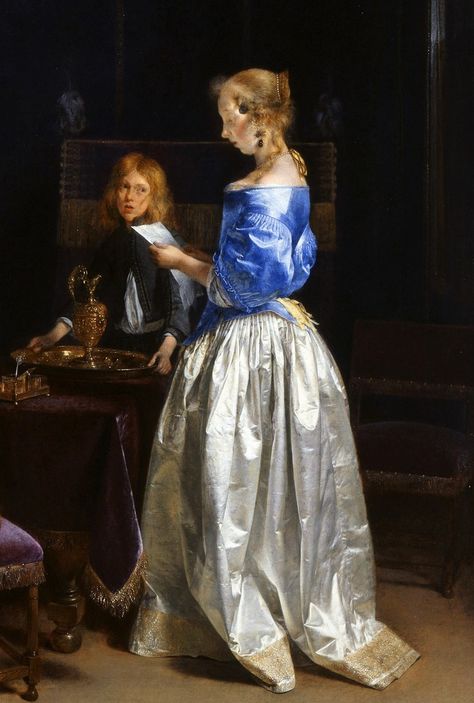 "Woman Reading A Letter" by Gerard ter Borch II,1660-62 1660s Fashion, 17th Century Dress, 17th Century Clothing, Historical Costuming, 17th Century Fashion, Painting Details, Dutch Golden Age, Historical Painting, Art Details