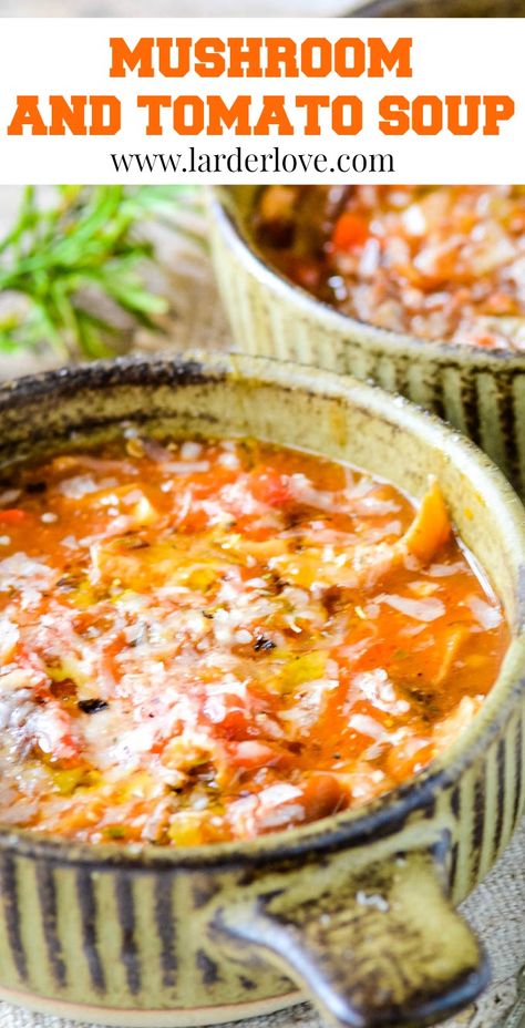 Italian inspired mushroom and tomato soup is rich and full of flavour. #mushroomsoup #tomatosoup #soup #winterwarmers #comfortfood #larderlove Soup For Fall, Mushroom Barley Soup, Creamy Tomato Basil Soup, Chilled Soup, Winter Warmers Recipes, Mushroom Soup Recipes, Tomato Bisque, Crockpot Soup Recipes, Spinach Soup