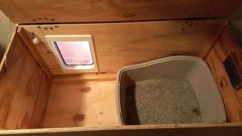 Building a Feline Outhouse - Nomadic Research Labs Cat Outhouse, Building An Outhouse, Linen Chest, Guest Cabin, Cleaning System, Cat Door, Bench Seating, Large Planters, Cat Litter Box