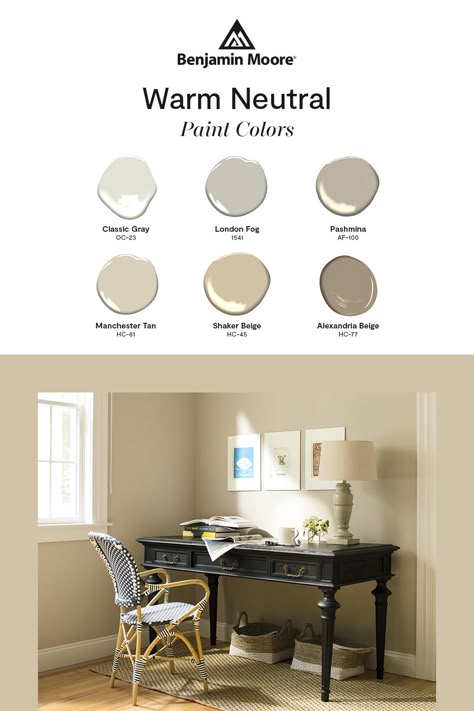 Cozy up to these warm neutral paint colors from Benjamin Moore. Benjamin Moore Light Brown, Warm Neutral Paint Colors Benjamin Moore, Benjamin Moore Beige Colors, Benjamin Moore Warm Neutrals, Pashmina Benjamin Moore, Benjamin Moore Neutral Paint Colors, Ebony Floors, Bedroom Paint Colors Benjamin Moore, Benjamin Moore Beige