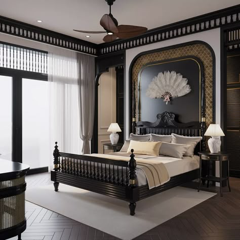 Luxury Room Design, Indochine Interior, Indochine Style, Hotel Room Design, Cottage Interior, Bedroom Decor Design, Classic Bedroom, Solid Wood Bed, Wood Bed