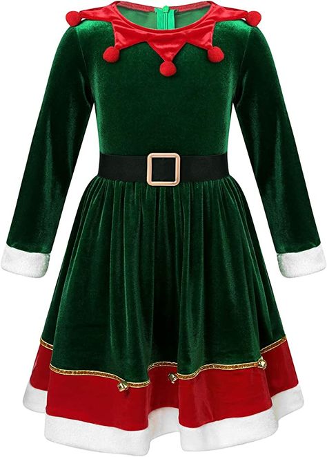 Green Christmas Dress, Christmas Dance Costumes, Clown Collar, Xmas Party Dresses, Kids Christmas Dress, Xmas Costumes, Winter Mode Outfits, Elf Dress, Santa Dress