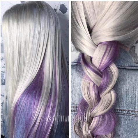 Peekaboo amethyst in icy white hair #goodhairdaybysydlopez #headlineshairdesigndentontx #hairandmakeupbysyd Icy White Hair, Purple Blonde Hair, White Ombre Hair, Purple Ombre Hair, Mom Hair, Ombre Blond, Peekaboo Hair, Brown Ombre Hair, Purple Highlights