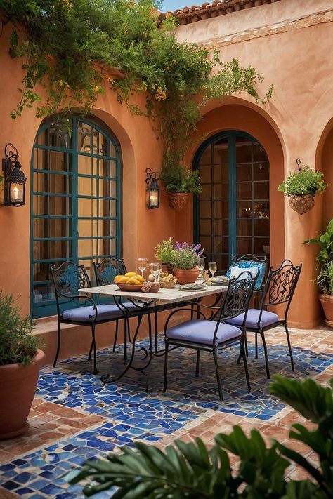 Mediterranean Garden Patio, Tatooine House, Cuban House, Billowing Curtains, Mediterranean Patio Ideas, Mediterranean Curtains, Mediterranean Cafe, Mexican Courtyard, Mediterranean Courtyard