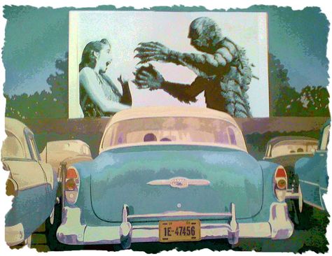 Drive In's Were Big! Drive In Movie Illustration, 50s Drive In, Vintage Drive In Movie, Switchblade Comb, 50s Nostalgia, Theatre Drawing, 50s Summer, Theatre Illustration, Asteroid City