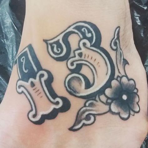 Nice number 13 also a cover up :) #13 #13tattoo #circustheme #circus #oldschool #oldschooltattoo #inkislife #tattoosarelife #oldschool13 #coveruptattoo #girlswithtattoos #foottattoo #foottattoos #circusfont Number 13 Tattoos, 777 Tattoo, 13 Tattoo, Anubis Tattoo, Cool Tattoo Drawings, Number Tattoo, 13 Tattoos, Number Tattoos, Rockstar Energy