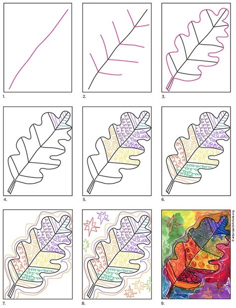 Pattern Art Grade 1, Grade 1 Line Art Ideas, Autumn Leaves Art Project, Fall Art Grade 2, 3rd Grade Fall Art Projects, Pattern Drawing For Kids, Leaf Texture Drawing, How To Draw A Leaf, Fall Elementary Art Projects