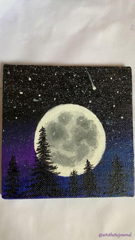 Moon And Stars Canvas Painting, How To Paint A Full Moon With Acrylics, Moonlight Canvas Painting, Moon Art Canvas, Simple Moon Painting Ideas, Full Moon Painting Acrylic Easy, Painting A Moon Acrylic, Moon Canvas Painting Ideas, How To Paint A Full Moon