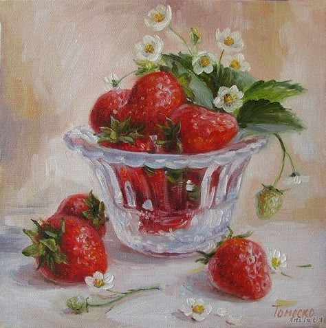 Strawberry Bowl, Canvas For Beginners, Cute Paintings, Fruit Painting, Aesthetic Painting, Still Life Art, Beginner Painting, Fruit Art, Art Inspiration Painting