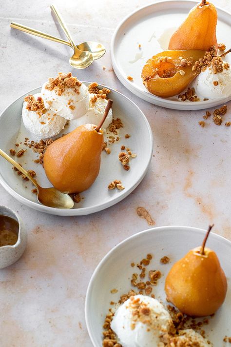 Chai-Poached Pears with Spiced Hazelnut Oat Crumble and Caramel Sauce Recipe. Delicious and shockingly easy dessert recipe for fall, Thanksgiving, or holiday parties!  #pears #poachedpears #fall #autumn #thanksgiving #dessert #caramelsauce #chai #chaispiced #oatcrumble #hazelnuts Poached Recipes, Poached Pear Dessert, Poached Pears Dessert, Tuxedo Kitchen, Nightstand Essentials, Poached Pears Recipe, Bramble Cocktail, Dried Botanicals, Colorful House