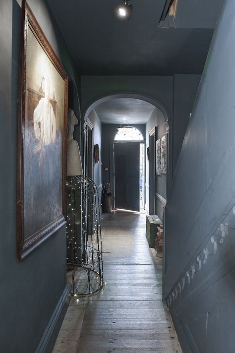 The entrance hall to Belvedere Place #interiors #WTinteriors Painted Hallway, Scandinavian Light, Georgian Buildings, Hallway Door, Dark Paint, Hallway Design, Design Sofa, Vintage Interiors, South London