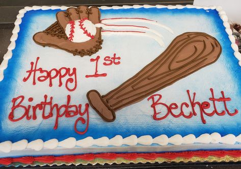 Baseball cake Baseball Sheet Cake, First Birthday Sheet Cake, Baseball Theme Cakes, Baseball Theme Birthday Party, Birthday Sheet Cake, Baseball Birthday Cakes, Baseball Theme Birthday, Baseball First Birthday, Baseball Cake