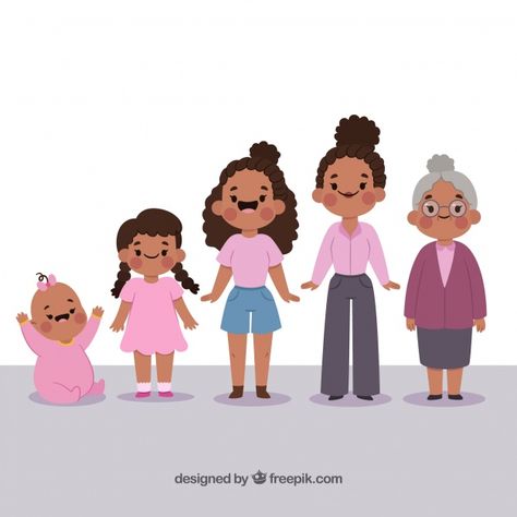 Personaje de mujer negra en distintas edades Human Life Cycle, Vector Illustration Character, Woman Character, Cartoon Girl Drawing, Poster Background Design, Class Activities, Baby Design, Children's Book Illustration, Life Cycles