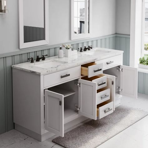 Water Creation 72'' Free Standing Double Bathroom Vanity with Carrara Marble Top | Wayfair Carrara Marble Countertop, Wood Backsplash, Marble Bath, Marble Vanity, Double Sink Bathroom, White Marble Countertops, Double Sink Vanity, Marble Countertop, Double Sink Bathroom Vanity