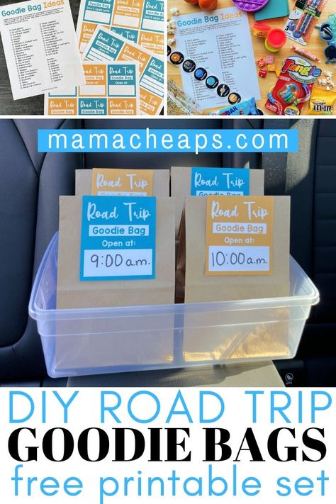 Check out this fun idea and yes, the ultimate road trip boredom buster. If you are road tripping with young kids, you know that there is nothing better than a quiet backseat. This awesome road trip goodie bag idea, along with our FREE printable bag tags pack can add some fun to your long drive. See how easy it is to make these boredom busters for your next adventure. #roadtrip #printable #travel #familytravel #mamacheaps Road Trip Hourly Bags, Road Trip Surprise Bags, Road Trip Goodie Bags, Road Trip Boredom Busters, Travel Gift Bag, Kids Treat Bags, Traveling Hacks, Roadtrip Ideas, Road Trip Bag