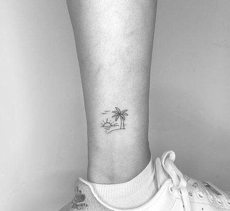 Beach Themed Tattoos Minimalist, Simple Hawaii Tattoo, Small Island Tattoo, Small Tropical Tattoo, Beach Minimalist Tattoo, Tiny Beach Tattoos, Small Beach Tattoo, Summer Tattoo Ideas, Tattoos To Honor Mom