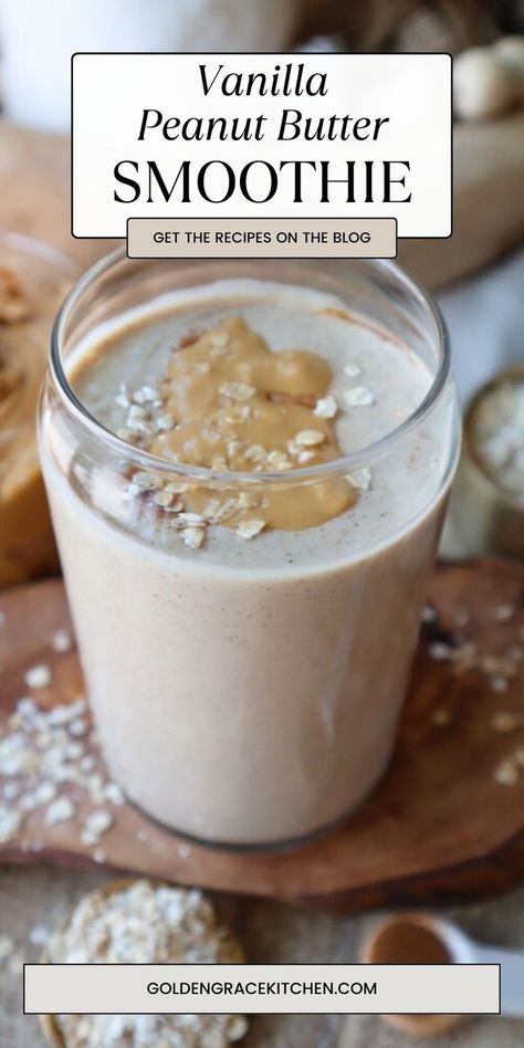 This vanilla peanut butter breakfast smoothie is the perfect breakfast choice when you are short on time and need a healthy carb/high protein boost. This versatile recipe makes a quick and healthy snack to fight your "hangry" between meals. Try this smoothie post-workout to help your body to recover more quickly. Just add a scoop of your favorite protein powder, and blend away! Peanut Butter Breakfast Smoothie, High Protein Smoothie Recipes, Protein Powder Smoothie, Peanut Butter Breakfast, Healthy Fruit Smoothies, Vanilla Smoothie, High Protein Smoothies, Fruit Smoothie Recipes Healthy, Protein Shake Smoothie