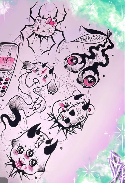 Creepy Kawaii, Goth Tattoo, Hello Kitty Tattoos, Kawaii Tattoo, Creepy Tattoos, Cute Little Tattoos, Kitty Drawing, Hello Kitty Drawing, Hello Kitty Art