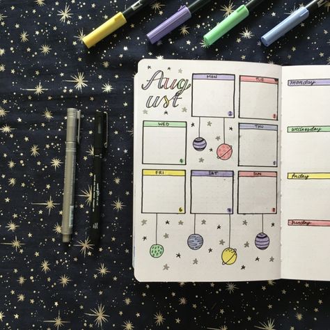 Bullet Journal August Theme, Bujo Month Cover, Journal Categories, Space Themed Bullet Journal, Xmas Calligraphy, Bullet Journal Space Theme, Space Bullet Journal, Bullet Journal Entries, January Bujo