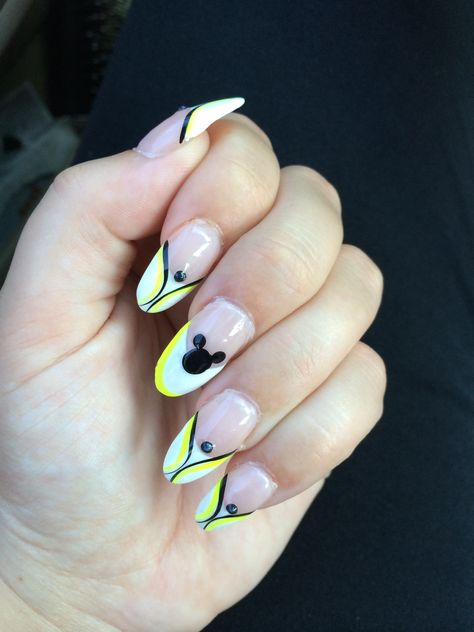 Disney almond nails French with black and neon yellow Disney Almond Nails, French With Black, Gel Nails Shape, Almond Nails French, Nails Shape, Disney Nail, Nail Art Disney, Disney Nails, Nails French