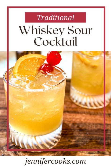 A Traditional Whiskey Sour Cocktail is a refreshing mix of smooth Maker's Mark Bourbon, zesty lemon juice, and sweet simple syrup creates a perfectly balanced drink. Serve it over ice, garnished with a maraschino cherry and a hint of orange. Enjoy this timeless classic that's sure to impress at any gathering. Perfect for whiskey lovers! Ina Garten Whiskey Sour Recipe, Sweet And Sour Mix Recipe Cocktails, Wiskey Mix Drink, Whiskey Sour Punch, Whiskey Sour Mix, Whiskey Sour Cocktail, Whiskey Sour Recipe, Alcoholic Punch Recipes, Easy Mocktail Recipes