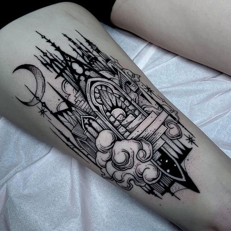 Spooky Castle Tattoo, Fantasy Castle Tattoo, Castle Sleeve Tattoo, Dragon Castle Tattoo, Castle Arm Tattoo, Goth Castle Tattoo, Gothic Castle Tattoo Design, Castle Window Tattoo, Archi Tattoo