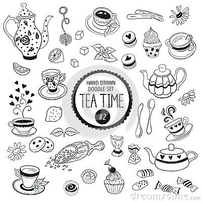 Tea time doodle elements Tea Time Illustration, Tea Journal, Coffee Doodle, Planner Doodles, Sketch Note, Time Icon, Dot Journals, Doodle Lettering, Bullet Journal Art