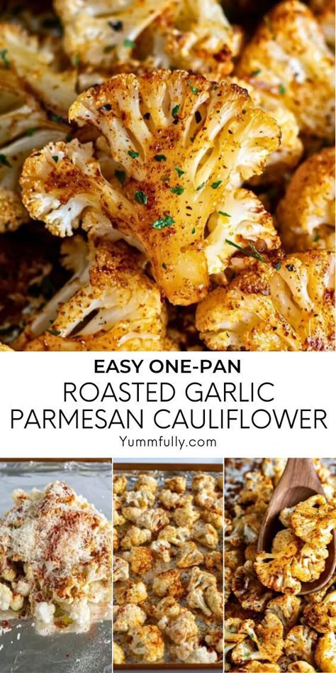 Roasting brings out the best flavors in veggies. Roasting cauliflower with garlic, Parmesan cheese, and spices transforms it from a bland, tasteless veggie into an amazingly flavorful side dish. Garlic Parmesan Cauliflower, Roasting Cauliflower, Side Dish Easy, Cauliflower Roasted, Parmesan Roasted Cauliflower, Veggie Side Dish Recipes, Parmesan Cauliflower, Roasted Cauliflower Recipes, Meal For Two