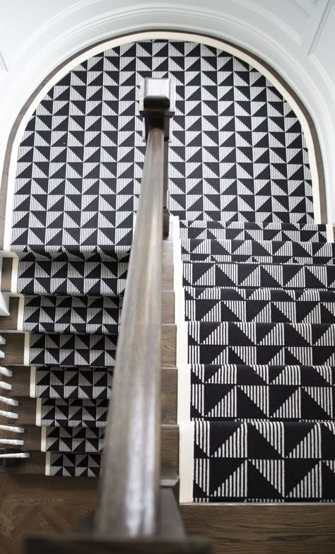 Black And White Interiors, Patterned Stair Carpet, Black And White Stairs, Montclair New Jersey, Carpet Staircase, Black Stairs, Staircase Runner, White Stairs, House Staircase