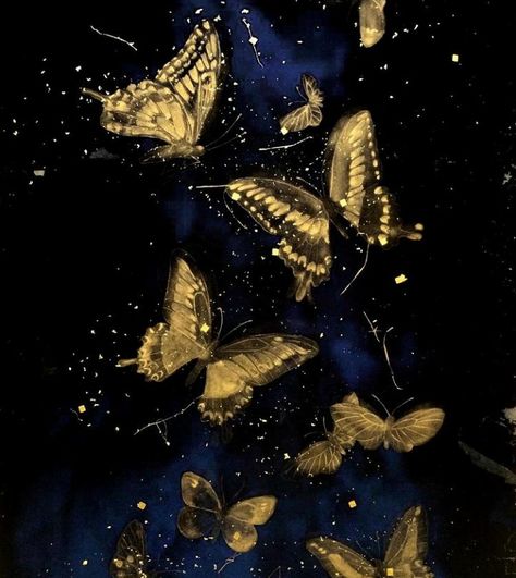 Gold Butterfly Aesthetic, Bsd Aesthetic, Blue And Gold Wallpaper, Fantasy Items, Gold Drawing, Geometric Sleeve Tattoo, Funky Wallpaper, Fairy Wallpaper, Black Phone Wallpaper