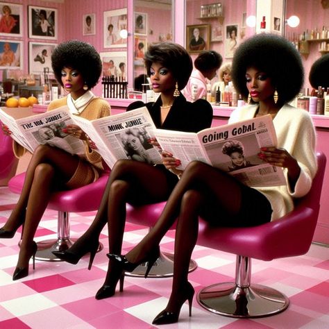 90s Black Hair Salon Aesthetic, Grease Beauty School Drop Out, Dreamgirls Aesthetic, Black Hair Salon Aesthetic, Vintage Salon Aesthetic, Black Glamour Aesthetic, Eboard Photoshoot, Black 70s Fashion, Black Hair Salon