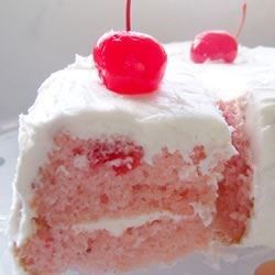 Maraschino cherries and chopped pecans are added to white cake mix to make a deliciously fruity and richly colored baked dessert. To serve, frost the cake with whipped topping. Vanilla Layered Cake, Cherry Vanilla, Cherry Cake, Layered Cake, Valentine Cake, A Piece Of Cake, Baked Goodies, Köstliche Desserts, Piece Of Cake