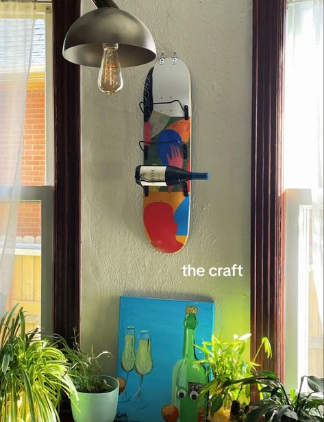 Skateboard Wine Rack, How To Hang Skateboards On Wall, Skateboard Home Decor, Painted Skateboard Aesthetic, Skateboard On Wall Decor, Skateboard Decor Ideas, Diy Wine Rack Wall, Hallway Art Wall, Mounted Skateboard