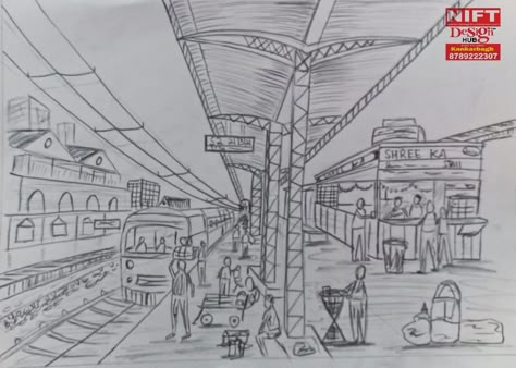 Nift cat solution #railway station #design hub #railway station drawing Railway Station Illustration Art, Railway Perspective Drawing, Railway Station In One Point Perspective, One Point Perspective Railway Station, Railway Station Memory Drawing, Metro Station Drawing, Railway Station Drawing In Perspective, Railway Station Drawing Sketch, Bus Station Drawing