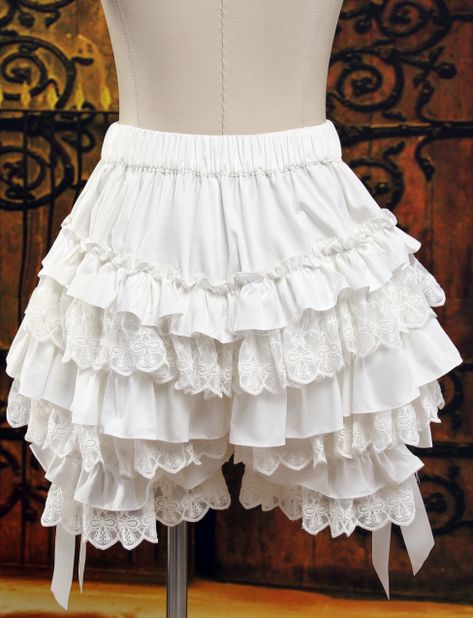 Lolita Bloomers Layered Ruffles Lace Trim Bow Ribbon - Lolitashow.com Women Costume, Ruffle Bloomers, Bloomers Shorts, Frou Frou, Bow Ribbon, Moda Vintage, Vintage Lingerie, Women's Costumes, Historical Clothing