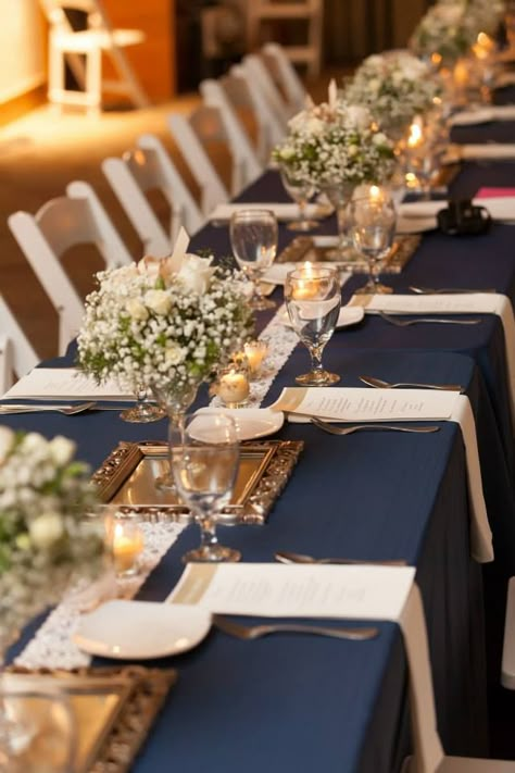 Navy Blue And Champagne Wedding Table Decor, Blue Brown Table Setting, Simple Navy Blue Wedding Decor, Navy Blue Flower Arrangements Table Settings, Navy Blue Linens Wedding, Navy Blue Engagement Party Decorations, Navy Blue Table Settings Wedding, Midnight Blue Table Setting, Marine Blue Wedding Theme