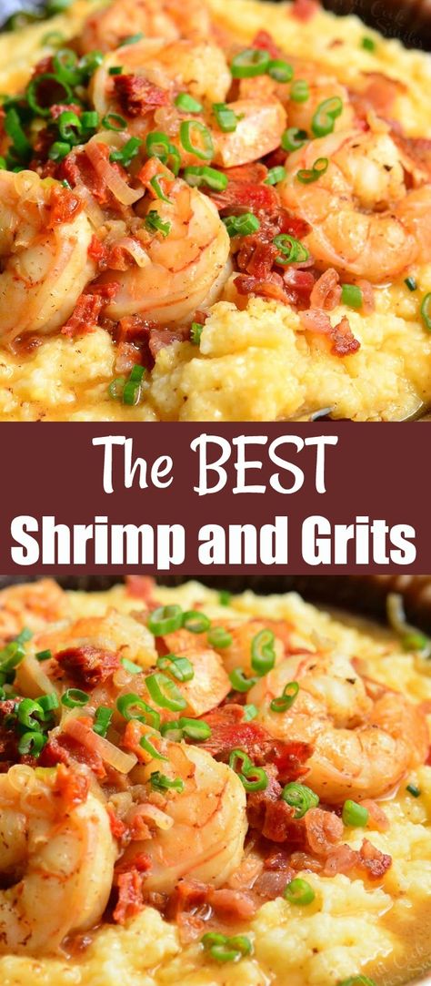 Best Shrimp And Grits Recipe, Bacon Grits, Easy Shrimp And Grits, Cajun Shrimp And Grits, Shrimp N Grits Recipe, Breakfast Casserole Bacon, Cheesy Grits, Grits Recipe, Juicy Shrimp