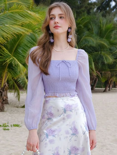 Soft aesthetic, dainty, floral, floral aesthetic, vacation essentials, beach aesthetic, beach girl, beach life style , #summeroutfit #summer #fashion #ootd #summervibes #style #fashionblogger #outfitoftheday #summerstyle #outfit #summertime #fashionista #summerfashion #onlineshopping #instafashion #outfitinspiration #summerdress #styleblogger Myanmar Dress Design, Purple Outfits, Mode Casual, Purple Top, Mode Inspo, Fashion Mode, Girly Outfits, Modest Fashion, Granny Square